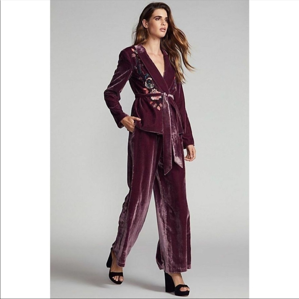 Free People Velvet Embroidered Wine Blazer